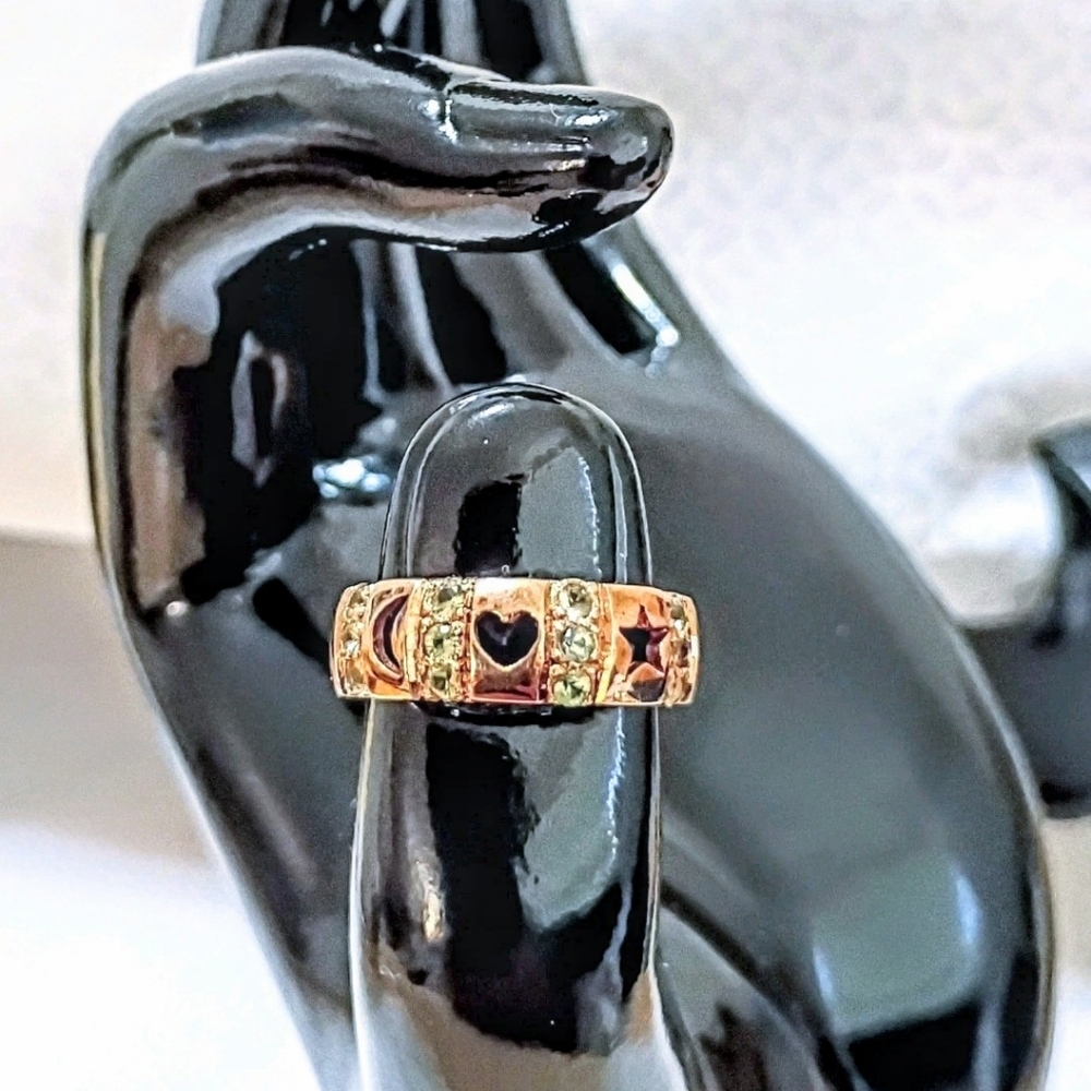 14K Rose Gold Overlay 925 Silver Cut Out Band Heart Star Moon CZ Ring 6.5